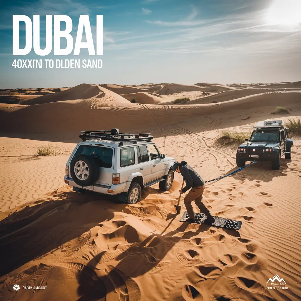 Off-road vehicle stuck in Dubai’s desert sand with recovery gear and a rescue vehicle approaching.