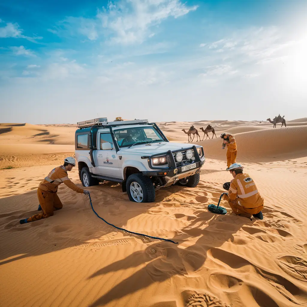 A desert rescue team assisting a stranded off-road vehicle in the UAE's golden dunes, with camels in the background and a bright blue sky above.