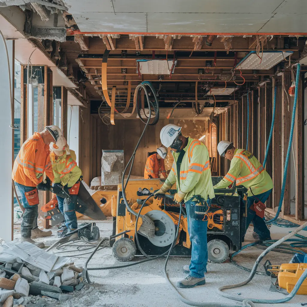 Construction workers using heavy machinery and safety props to carefully remove a basement structure in an urban setting.