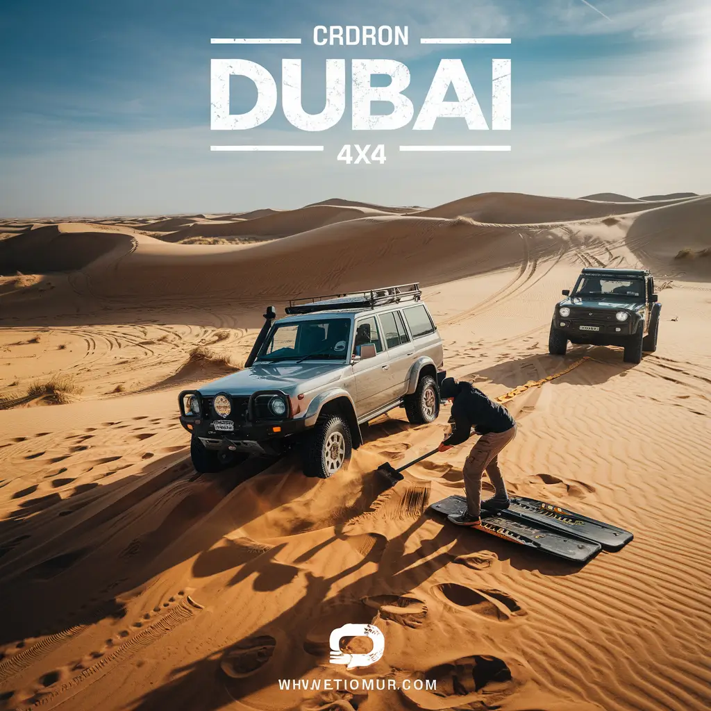 A 4x4 vehicle stuck in the soft desert sand of Dubai, with a person using a shovel and traction boards for recovery, while another vehicle stands by for assistance