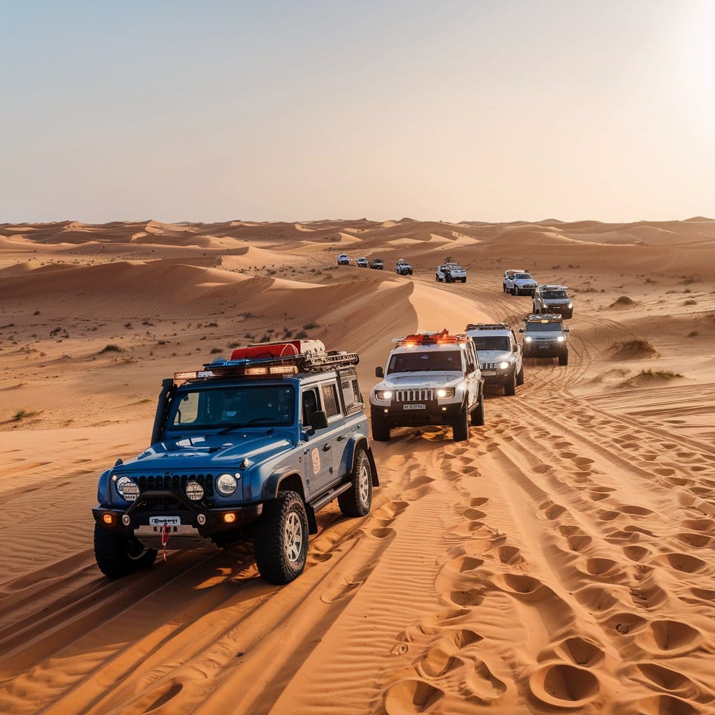 A convoy of off-road vehicles traveling through the UAE desert, ensuring safety and quick assistance in case of emergencies. Essential for Emergency Desert Rescue Services UAE.