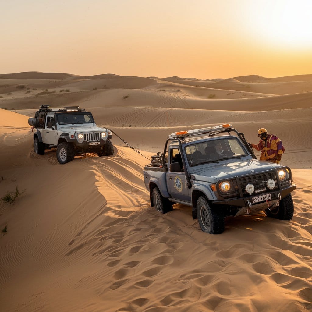 A rescue team in a 4x4 vehicle assisting a stranded car in the Sharjah desert, providing emergency recovery services.
