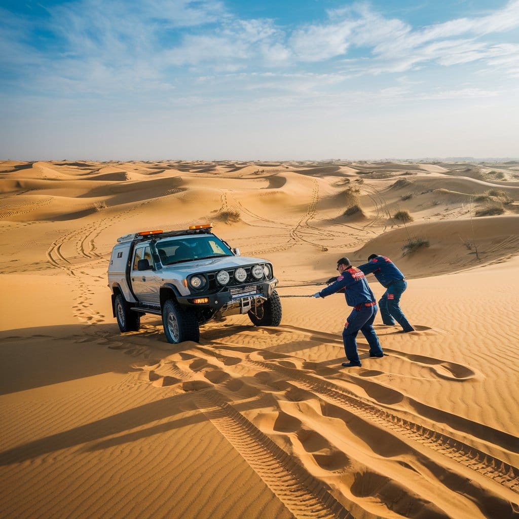 Off-road recovery truck rescuing a stranded vehicle in the Dubai desert, showcasing UAE desert recovery services
