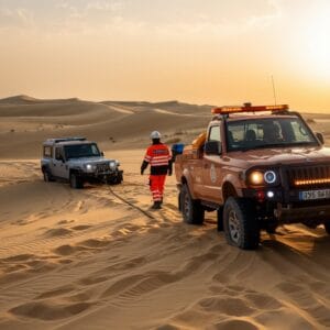  A rescue team in a 4x4 vehicle assisting a stranded car in the Sharjah desert, providing emergency recovery services.