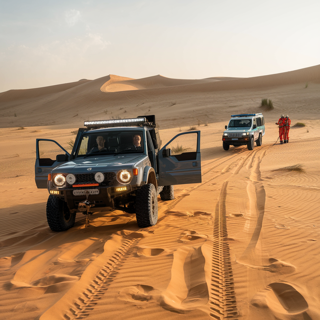 A stranded off-road vehicle stuck in the UAE desert as a rescue team in a 4x4 approaches to provide assistance.